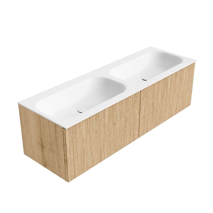 Mondiaz Kurve badmeubel 140cm Oak - Geen ronding - Big Small wastafel Dubbel Talc - 2 kraangaten