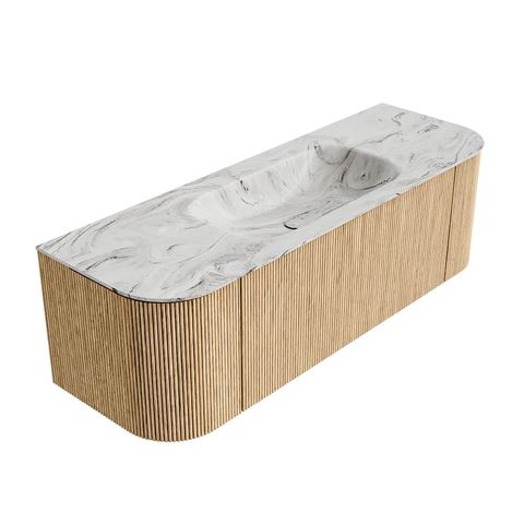 Mondiaz Kurve-Dlux badmeubel 140cm Oak - Ronding links en rechts - Big Small wastafel Midden Glace - 0 kraangaten
