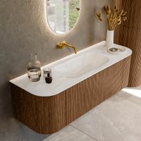Mondiaz Kurve-Dlux badmeubel 140cm Walnut - Ronding links en rechts - Big Small wastafel Midden Ostra - 0 kraangaten