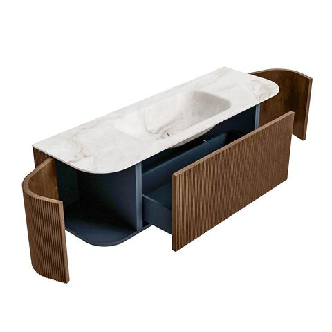 Mondiaz Kurve-Dlux badmeubel 140cm Walnut - Ronding links en rechts - Big Small wastafel Midden Frappe - 1 kraangat