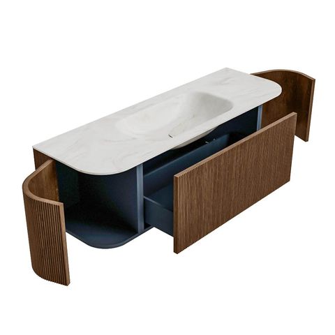Mondiaz Kurve-Dlux badmeubel 140cm Walnut - Ronding links en rechts - Big Small wastafel Midden Ostra - 1 kraangat
