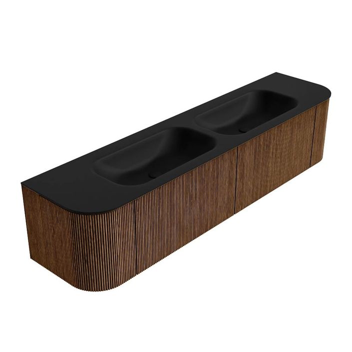 Mondiaz Kurve badmeubel 190cm Walnut - Ronding links en rechts - Big Small wastafel Dubbel Urban - 2 kraangaten