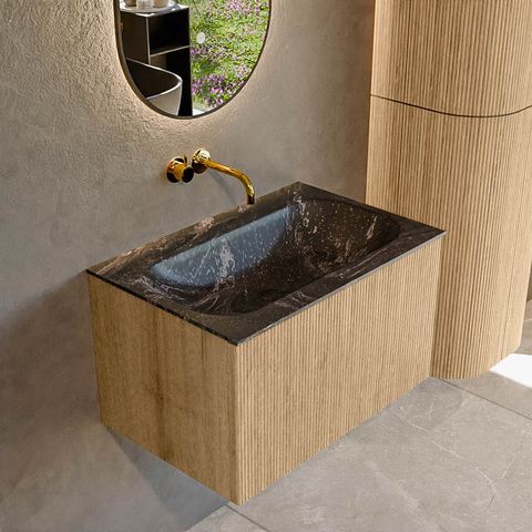 Mondiaz Kurve-Dlux badmeubel 70cm Oak - Geen ronding - Big Small wastafel Midden Lava - 0 kraangaten