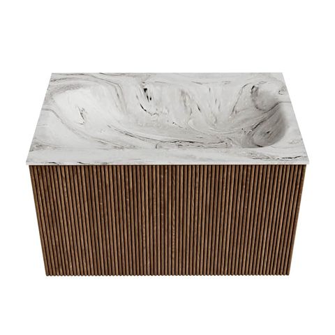 Mondiaz Kurve-Dlux badmeubel 70cm Walnut - Geen ronding - Big Small wastafel Midden Glace - 1 kraangat