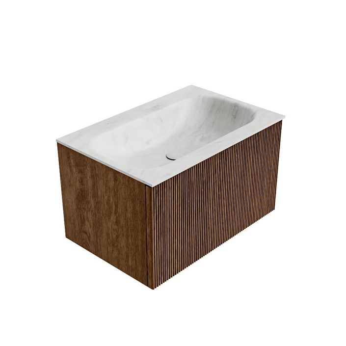 Mondiaz Kurve-Dlux badmeubel 70cm Walnut - Geen ronding - Big Small wastafel Midden Opalo - 1 kraangat