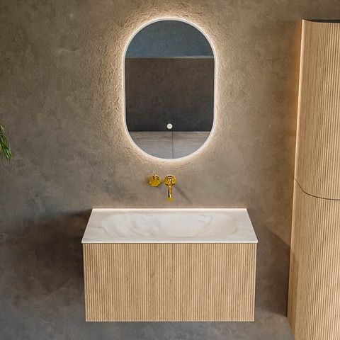 Mondiaz Kurve-Dlux badmeubel 80cm Oak - Geen ronding - Big Small wastafel Midden Ostra - 0 kraangaten