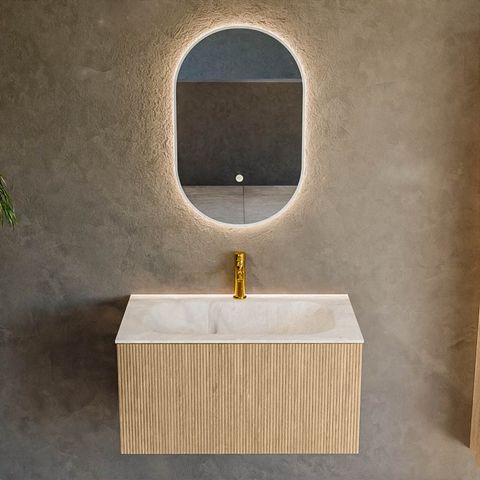 Mondiaz Kurve-Dlux badmeubel 80cm Oak - Geen ronding - Big Small wastafel Midden Frappe - 1 kraangat