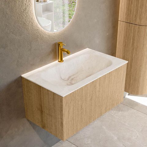 Mondiaz Kurve-Dlux badmeubel 80cm Oak - Geen ronding - Big Small wastafel Midden Frappe - 1 kraangat