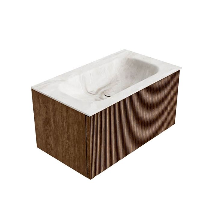 Mondiaz Kurve-Dlux badmeubel 80cm Walnut - Geen ronding - Big Small wastafel Midden Frappe - 1 kraangat