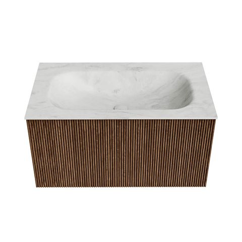 Mondiaz Kurve-Dlux badmeubel 80cm Walnut - Geen ronding - Big Small wastafel Midden Opalo - 1 kraangat