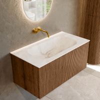 Mondiaz Kurve-Dlux badmeubel 90cm Walnut - Geen ronding - Big Small wastafel Midden Frappe - 0 kraangaten