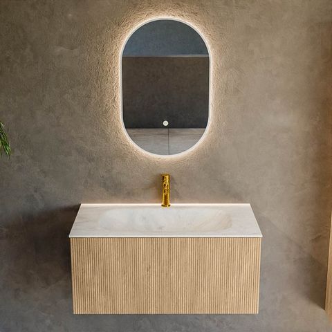 Mondiaz Kurve-Dlux badmeubel 90cm Oak - Geen ronding - Big Small wastafel Midden Opalo - 1 kraangat