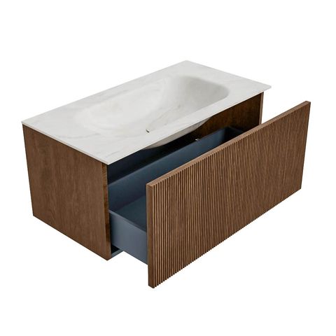 Mondiaz Kurve-Dlux badmeubel 90cm Walnut - Geen ronding - Big Small wastafel Midden Ostra - 1 kraangat