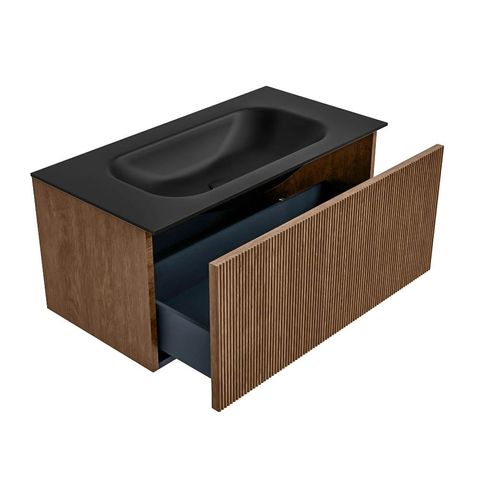 Mondiaz Kurve badmeubel 90cm Walnut - Geen ronding - Big Small wastafel Midden Urban - 1 kraangat
