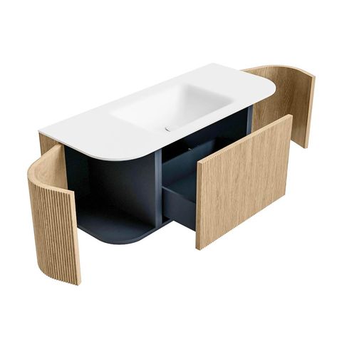 Mondiaz Kurve badmeubel 110cm Oak - Ronding links en rechts - Cloud wastafel Midden Talc - 0 kraangaten
