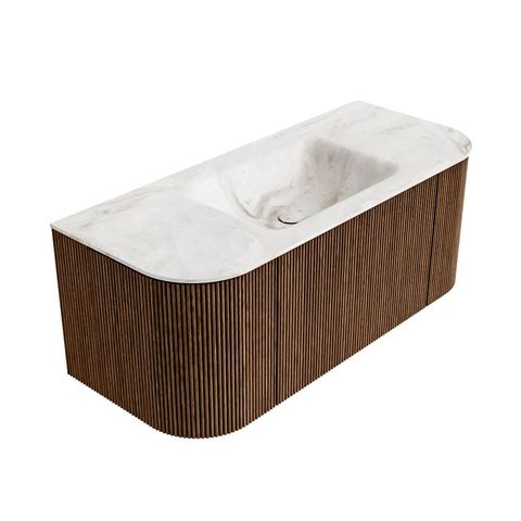 Mondiaz Kurve-Dlux badmeubel 110cm Walnut - Ronding links en rechts - Cloud wastafel Midden Frappe - 0 kraangaten