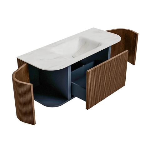 Mondiaz Kurve-Dlux badmeubel 110cm Walnut - Ronding links en rechts - Cloud wastafel Midden Ostra - 0 kraangaten