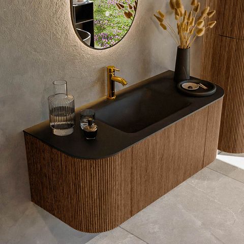 Mondiaz Kurve badmeubel 110cm Walnut - Ronding links en rechts - Cloud wastafel Midden Urban - 1 kraangat