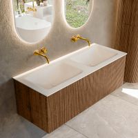Mondiaz Kurve badmeubel 120cm Walnut - Geen ronding - Cloud wastafel Dubbel Talc - 0 kraangaten