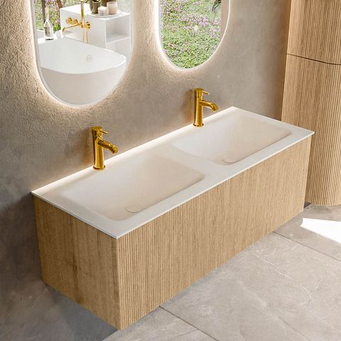 Mondiaz Kurve badmeubel 120cm Oak - Geen ronding - Cloud wastafel Dubbel Talc - 2 kraangaten