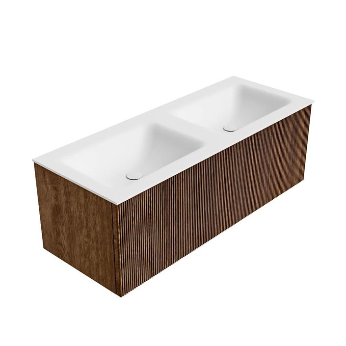 Mondiaz Kurve badmeubel 120cm Walnut - Geen ronding - Cloud wastafel Dubbel Talc - 2 kraangaten