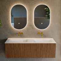 Mondiaz Kurve badmeubel 130cm Walnut - Geen ronding - Cloud wastafel Dubbel Talc - 0 kraangaten