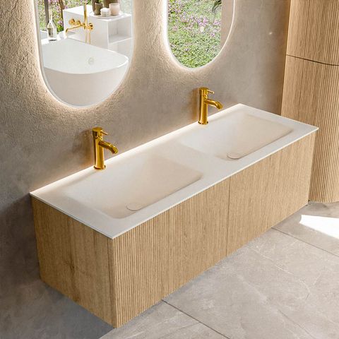 Mondiaz Kurve badmeubel 130cm Oak - Geen ronding - Cloud wastafel Dubbel Talc - 2 kraangaten