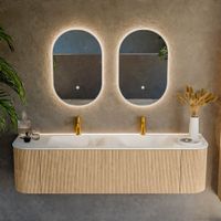 Mondiaz Kurve badmeubel 170cm Oak - Ronding links en rechts - Cloud wastafel Dubbel Talc - 2 kraangaten