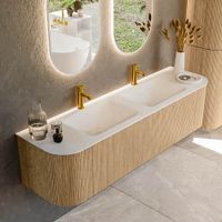 Mondiaz Kurve badmeubel 170cm Oak - Ronding links en rechts - Cloud wastafel Dubbel Talc - 2 kraangaten