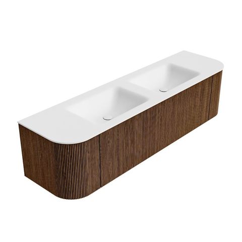 Mondiaz Kurve badmeubel 170cm Walnut - Ronding links en rechts - Cloud wastafel Dubbel Talc - 2 kraangaten