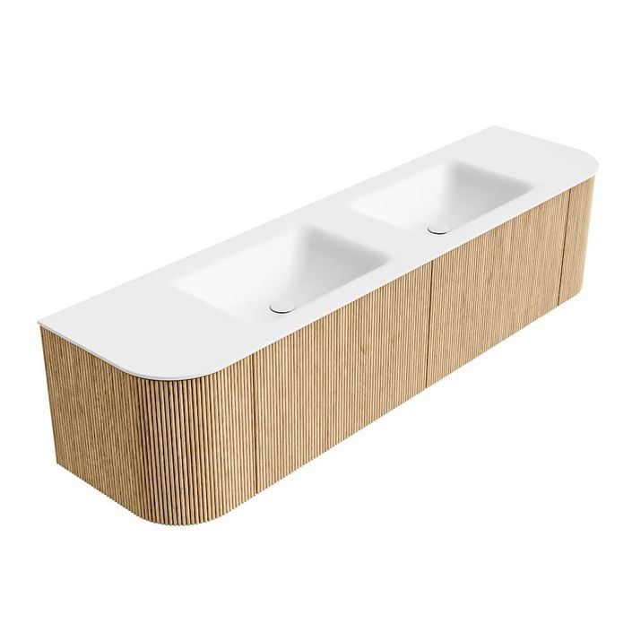 Mondiaz Kurve badmeubel 180cm Oak - Ronding links en rechts - Cloud wastafel Dubbel Talc - 2 kraangaten