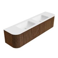 Mondiaz Kurve badmeubel 180cm Walnut - Ronding links en rechts - Cloud wastafel Dubbel Talc - 2 kraangaten