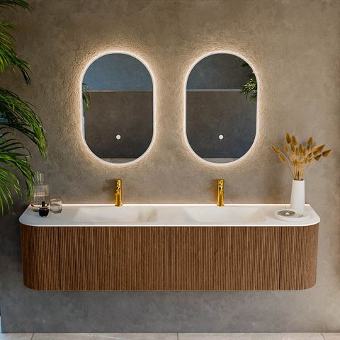 Mondiaz Kurve badmeubel 180cm Walnut - Ronding links en rechts - Cloud wastafel Dubbel Talc - 2 kraangaten