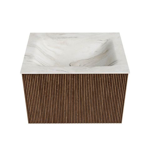 Mondiaz Kurve-Dlux badmeubel 60cm Walnut - Geen ronding - Cloud wastafel Midden Ostra - 1 kraangat