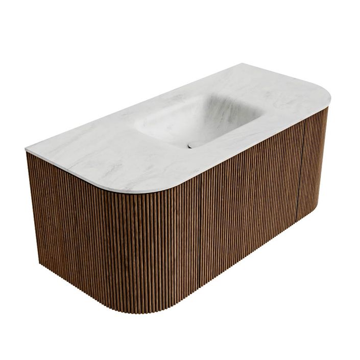 Mondiaz Kurve-Dlux badmeubel 100cm Walnut - Ronding links en rechts - Grunne wastafel Midden Opalo - 1 kraangat