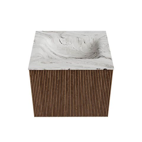 Mondiaz Kurve-Dlux badmeubel 50cm Walnut - Geen ronding - Grunne wastafel Midden Glace - 0 kraangaten