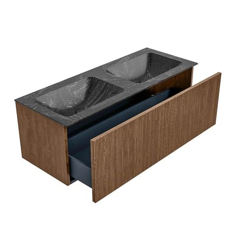 Mondiaz Kurve-Dlux badmeubel 120cm Walnut - Geen ronding - Leaf wastafel Dubbel Lava - 0 kraangaten