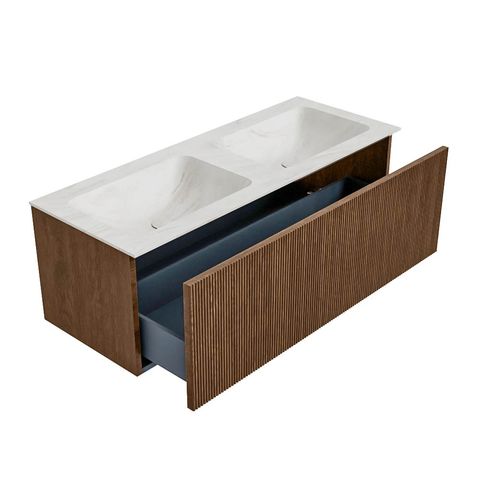 Mondiaz Kurve-Dlux badmeubel 120cm Walnut - Geen ronding - Leaf wastafel Dubbel Ostra - 0 kraangaten