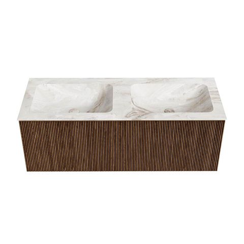 Mondiaz Kurve-Dlux badmeubel 120cm Walnut - Geen ronding - Leaf wastafel Dubbel Frappe - 2 kraangaten