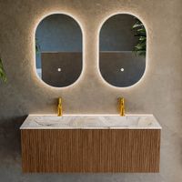 Mondiaz Kurve-Dlux badmeubel 120cm Walnut - Geen ronding - Leaf wastafel Dubbel Glace - 2 kraangaten