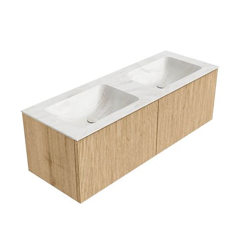 Mondiaz Kurve-Dlux badmeubel 130cm Oak - Geen ronding - Leaf wastafel Dubbel Ostra - 0 kraangaten