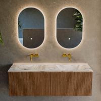 Mondiaz Kurve-Dlux badmeubel 130cm Walnut - Geen ronding - Leaf wastafel Dubbel Glace - 0 kraangaten