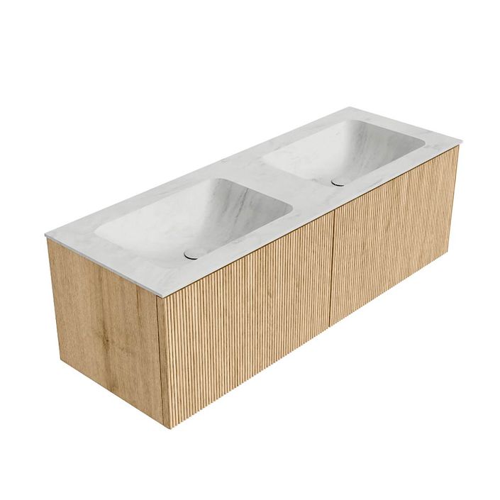 Mondiaz Kurve-Dlux badmeubel 130cm Oak - Geen ronding - Leaf wastafel Dubbel Opalo - 2 kraangaten