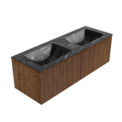 Mondiaz Kurve-Dlux badmeubel 130cm Walnut - Geen ronding - Leaf wastafel Dubbel Lava - 2 kraangaten