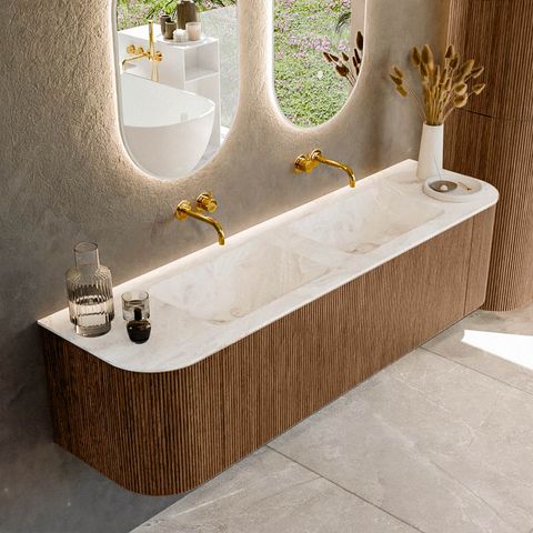 Mondiaz Kurve-Dlux badmeubel 170cm Walnut - Ronding links en rechts - Leaf wastafel Dubbel Frappe - 0 kraangaten