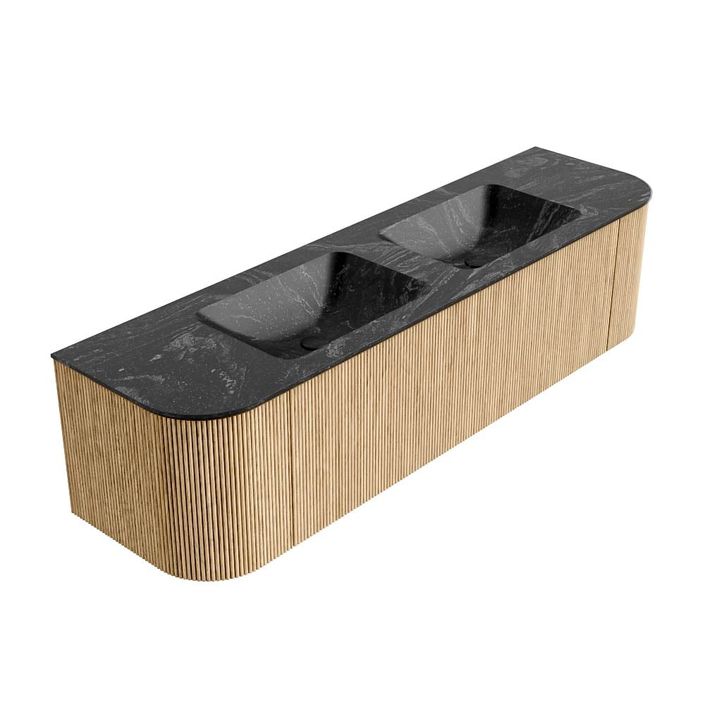 Mondiaz Kurve-Dlux badmeubel 170cm Oak - Ronding links en rechts - Leaf wastafel Dubbel Lava - 2 kraangaten