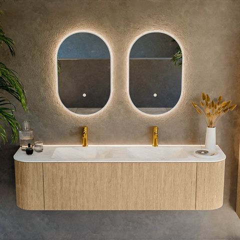 Mondiaz Kurve-Dlux badmeubel 170cm Oak - Ronding links en rechts - Leaf wastafel Dubbel Opalo - 2 kraangaten