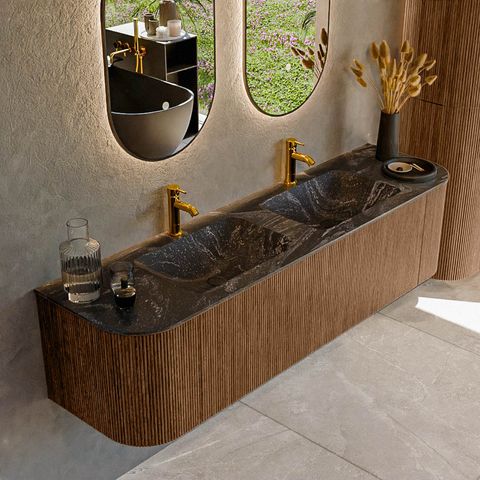 Mondiaz Kurve-Dlux badmeubel 170cm Walnut - Ronding links en rechts - Leaf wastafel Dubbel Lava - 2 kraangaten