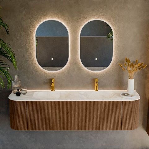 Mondiaz Kurve-Dlux badmeubel 170cm Walnut - Ronding links en rechts - Leaf wastafel Dubbel Ostra - 2 kraangaten