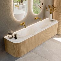 Mondiaz Kurve-Dlux badmeubel 180cm Oak - Ronding links en rechts - Leaf wastafel Dubbel Frappe - 0 kraangaten